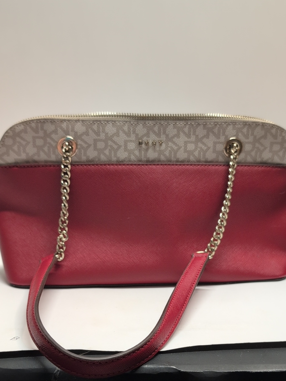 DKNY Red and Beige Logo Chain-Handle Shoulder Bag